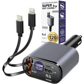 120W Multi-Port Car Charger With Retractable Cables