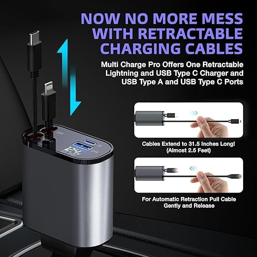 120W Multi-Port Car Charger With Retractable Cables